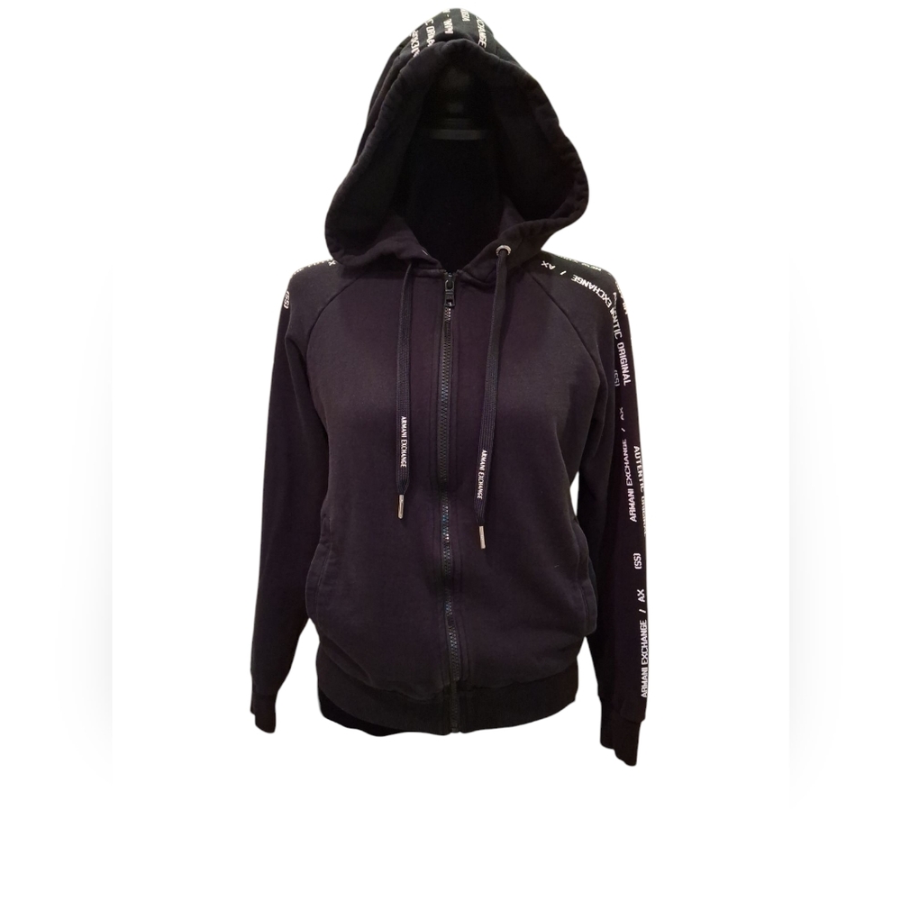 "ARMANI EXCHANGE" SZ. M Juniors Black Hooded Jacket w/White Print on the sleeves